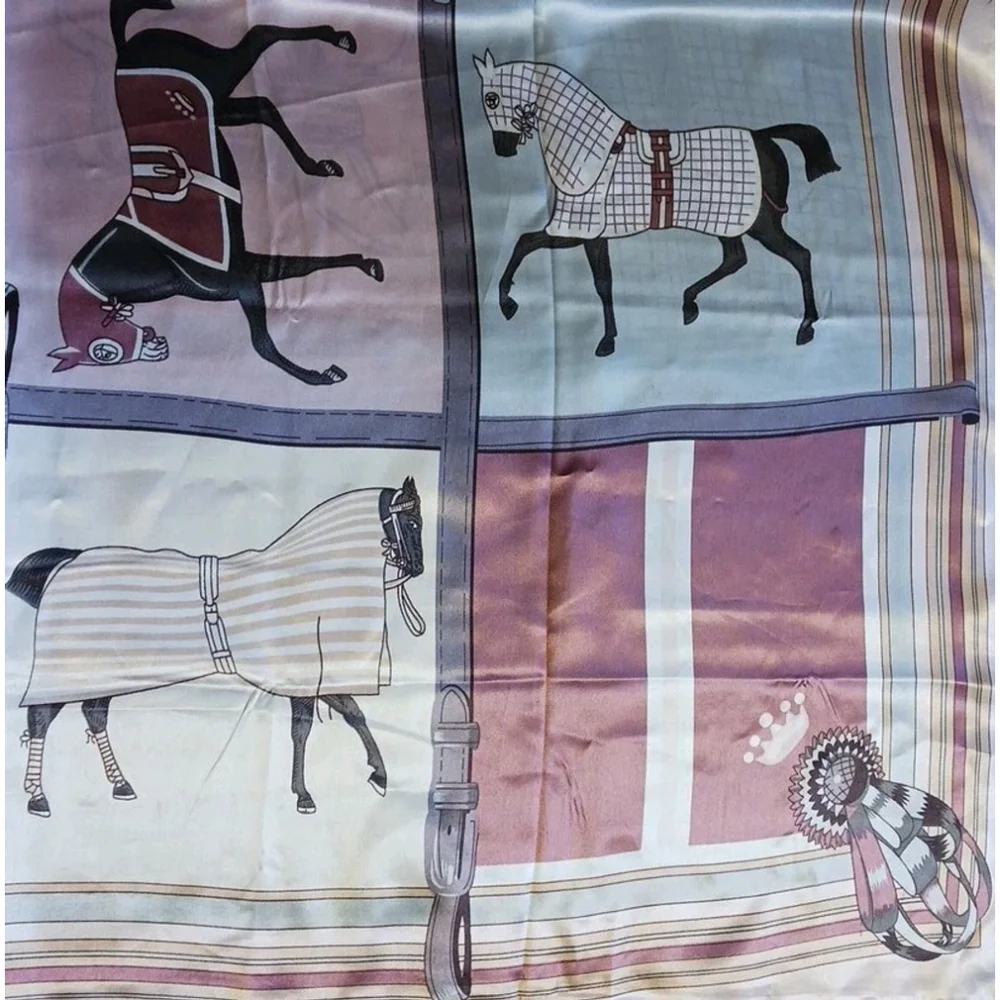 Vintage Equestrian Satin Horse Scarf Pastel Patchwork Large